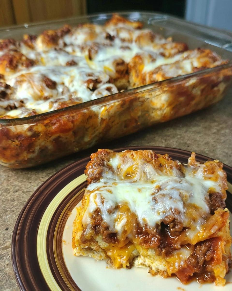 A serving of rich Sausage Pizza Casserole topped with gooey melted mozzarella cheese on a striped plate.