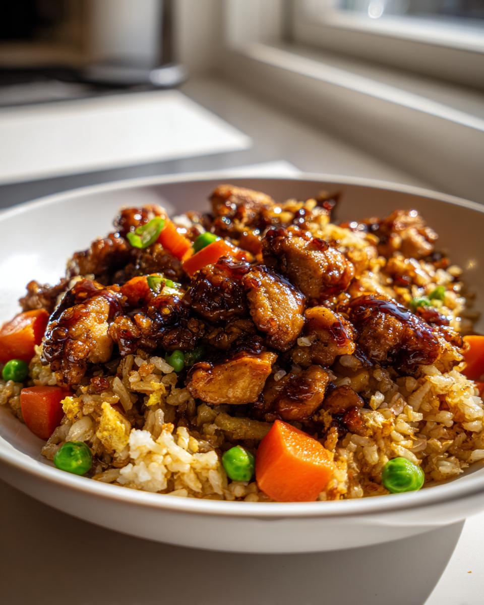 Nahaufnahme der Schnelle Reispfanne mit BBQ-Hähnchen, Reis, Karottenstücken und Erbsen in einer weißen Schüssel.