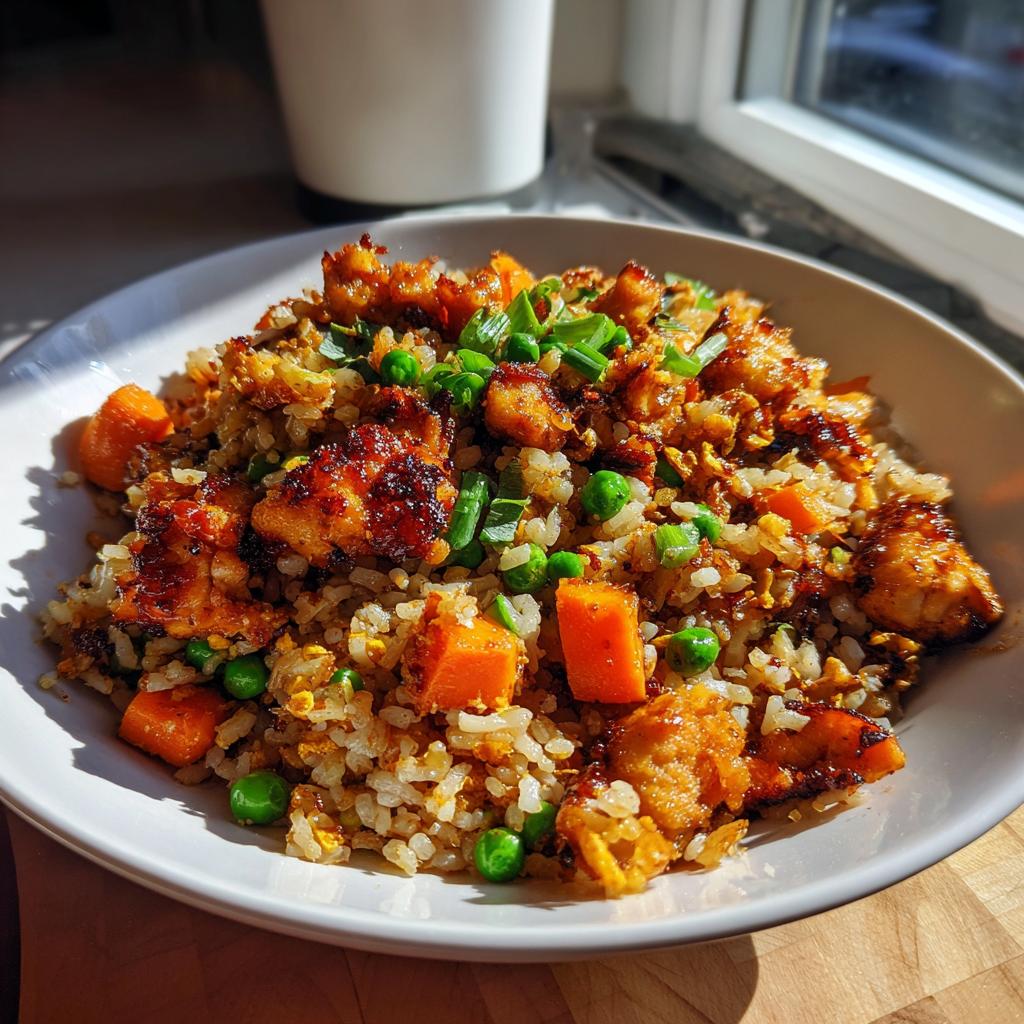 Nahaufnahme einer Schnelle Reispfanne mit BBQ-Hähnchen, Erbsen, Karotten und Frühlingszwiebeln in einer weißen Schüssel.