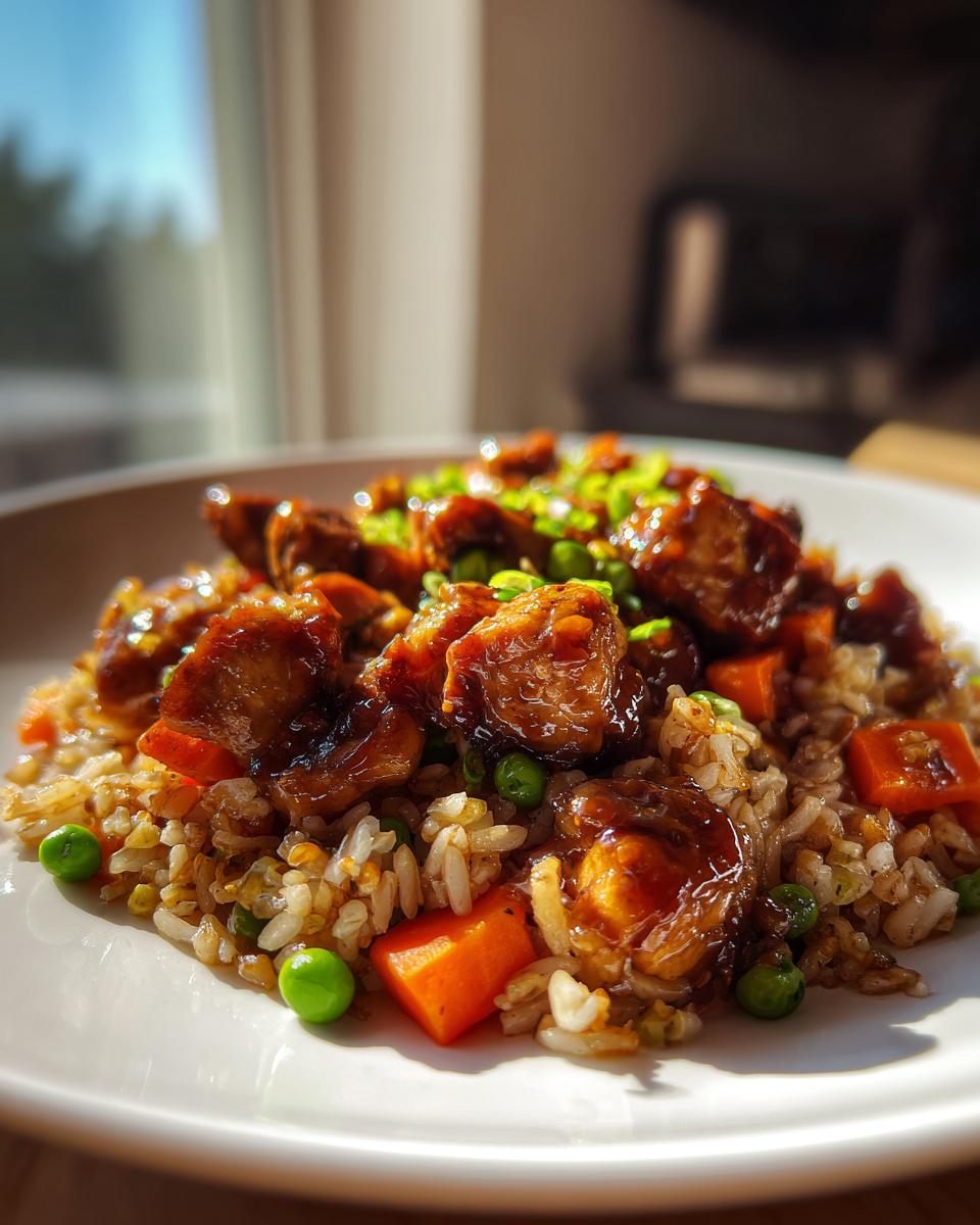 Nahaufnahme der Schnelle Reispfanne mit BBQ-Hähnchen, Reis, Karottenstücken und Erbsen.