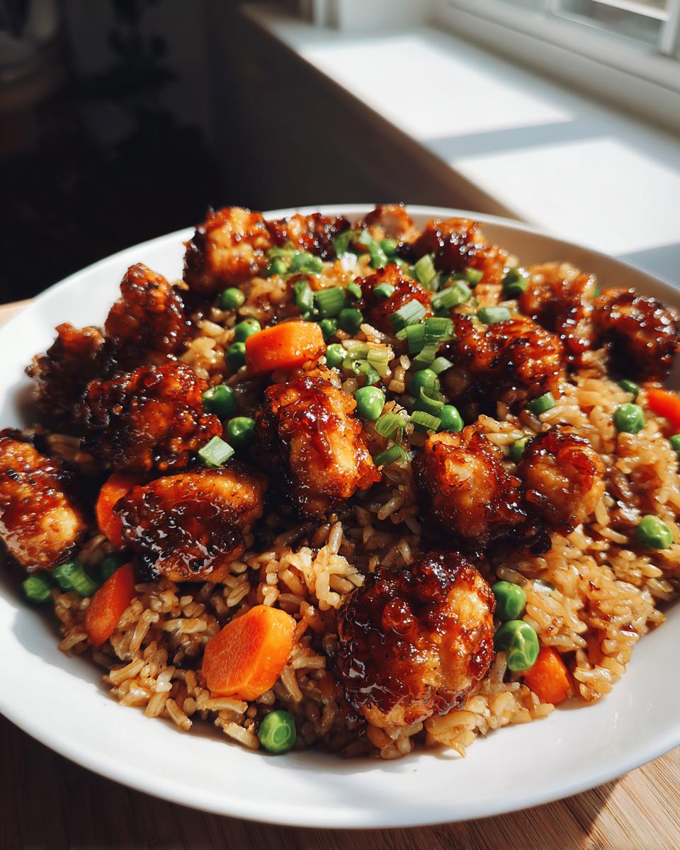 Nahaufnahme einer Schnelle Reispfanne mit BBQ-Hähnchen, Reis, Karottenstücken, Erbsen und Frühlingszwiebeln.