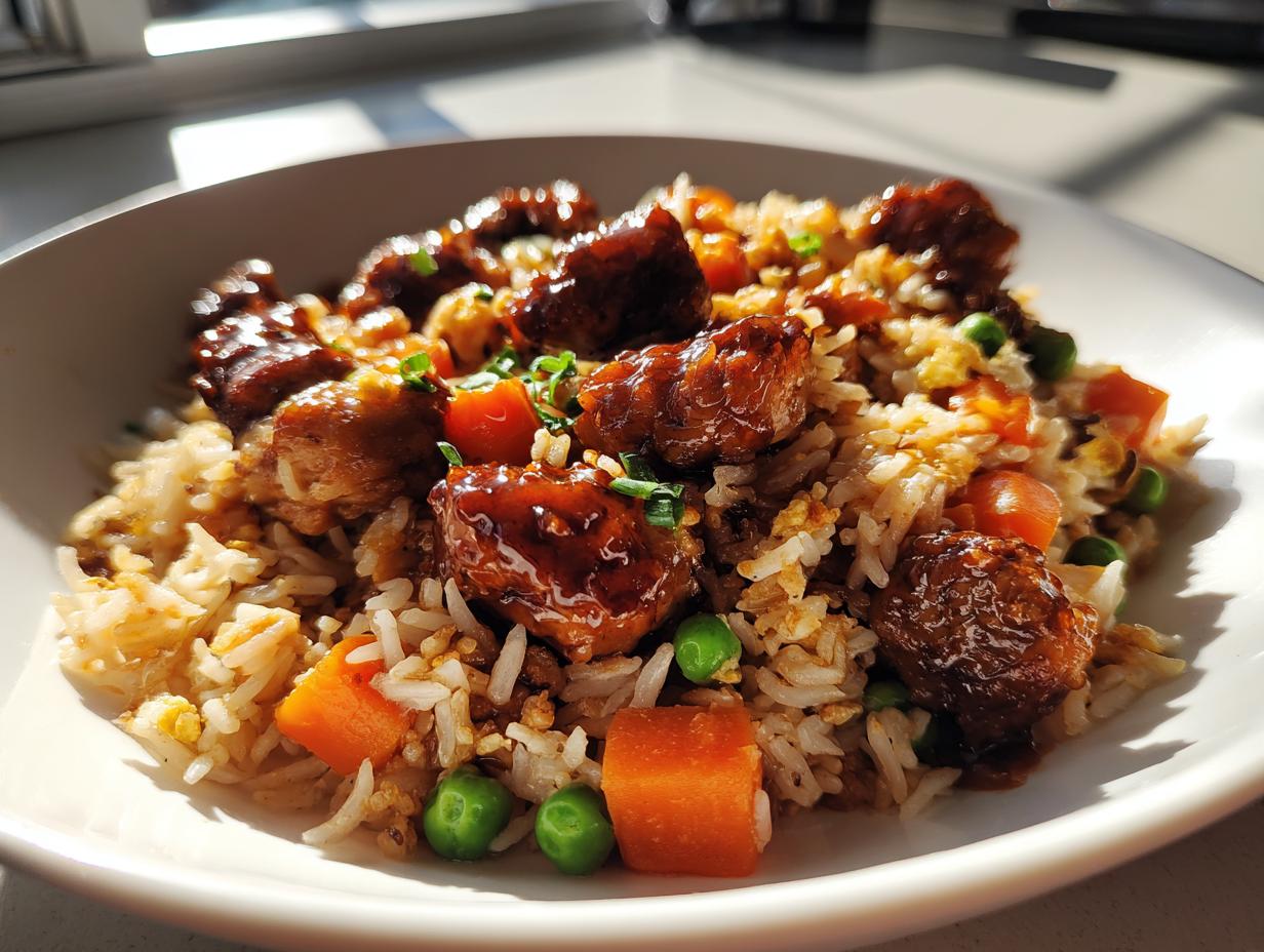 Teller mit Schnelle Reispfanne mit BBQ-Hähnchen, Reis, Karottenstücken und Erbsen, glänzend glasiert.
