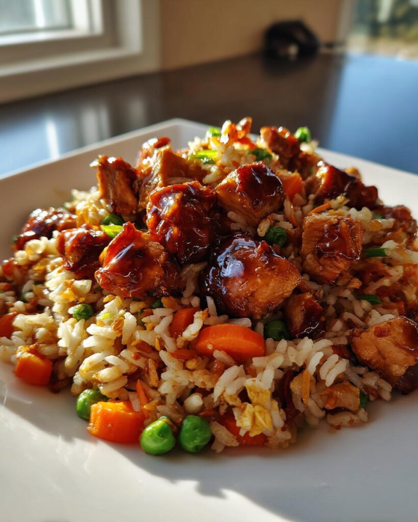 Nahaufnahme einer Schnelle Reispfanne mit BBQ-Hähnchen, Reis, Karotten und Erbsen auf einem weißen Teller.