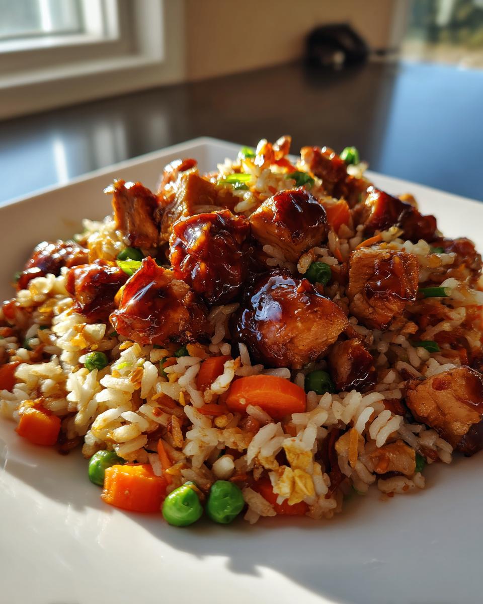 Nahaufnahme einer Schnelle Reispfanne mit BBQ-Hähnchen, Reis, Karotten und Erbsen auf einem weißen Teller.