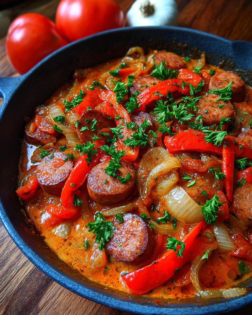 Nahaufnahme der Schnelle Würstchen-Pfanne mit Paprika, Zwiebeln und Petersilie in einer dunklen Pfanne.