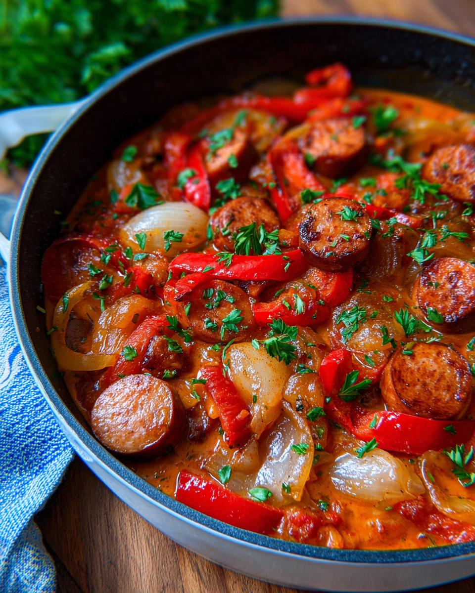Nahaufnahme der Schnelle Würstchen-Pfanne mit Paprika, Zwiebeln und Kräutern in einer gusseisernen Pfanne.