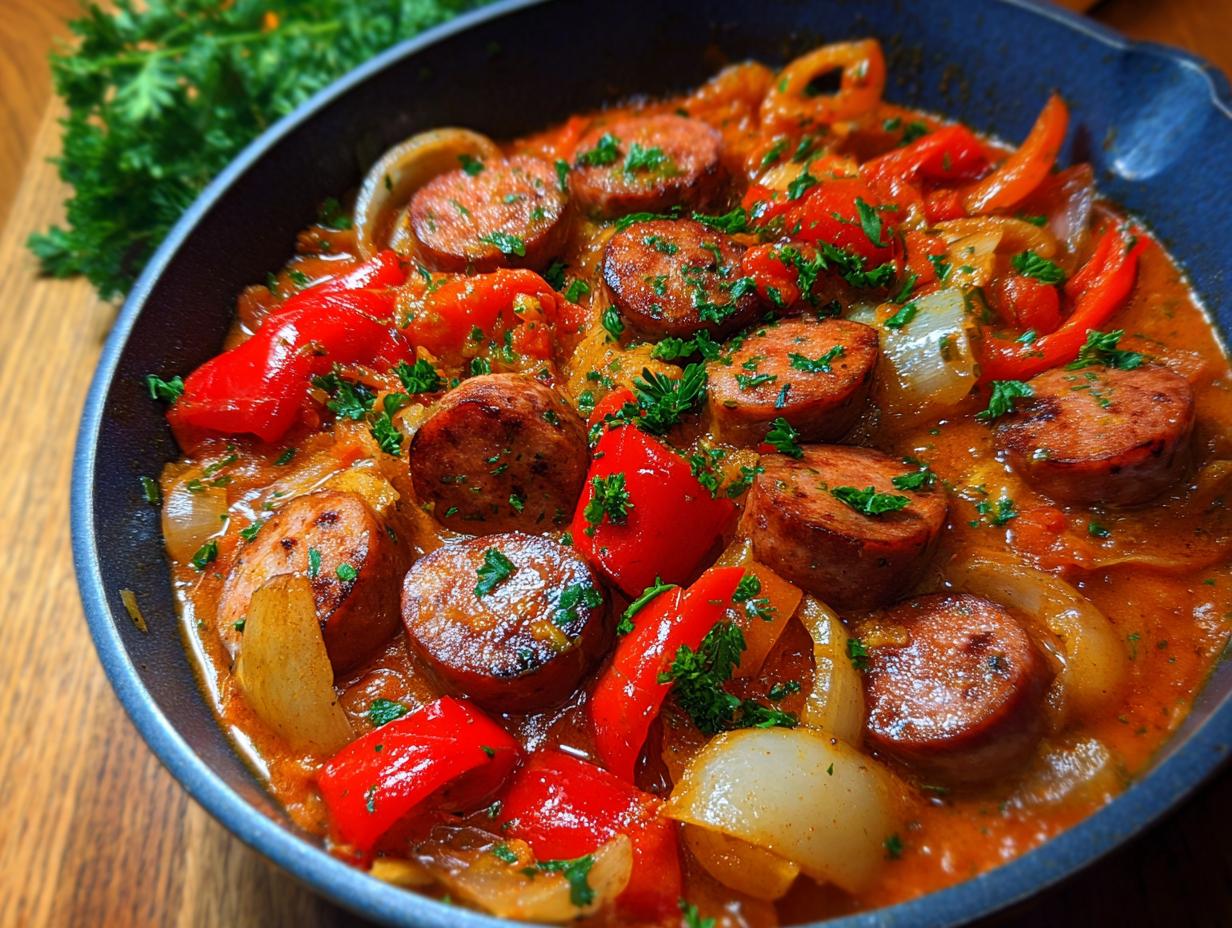 Gebratene Wurstscheiben mit roten Paprika und Zwiebeln in einer würzigen Sauce, die Schnelle Würstchen-Pfanne mit Paprika.