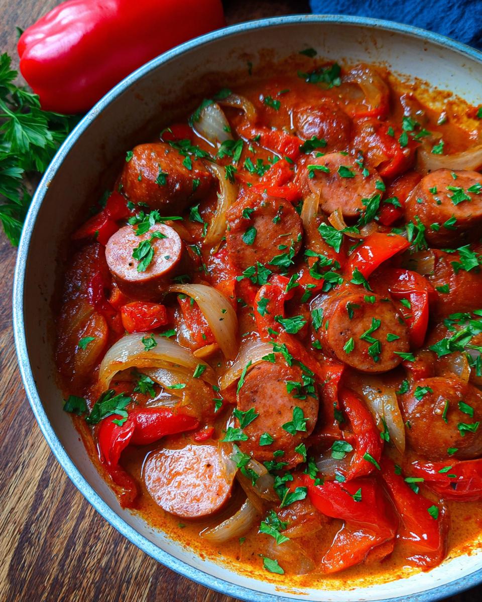 Nahaufnahme der Schnelle Würstchen-Pfanne mit Paprika, Zwiebeln und Petersilie in einer Pfanne.
