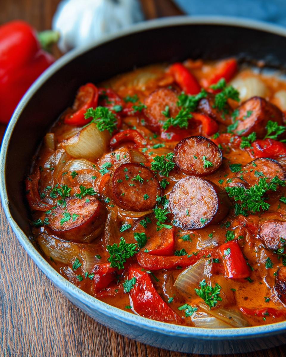 Nahaufnahme der Schnelle Würstchen-Pfanne mit Paprika, Zwiebeln und Petersilie in einer dunklen Pfanne.