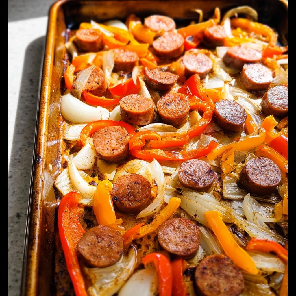 Geröstete Scheiben von geräucherter Wurst mit roten und gelben Paprika und Zwiebeln auf einem Backblech.