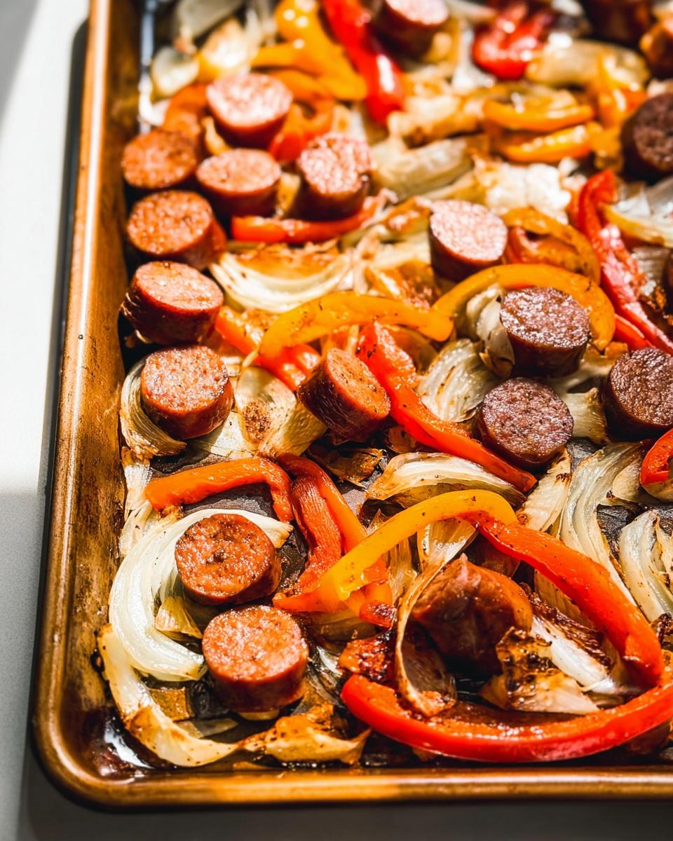 Geröstete Scheiben von geräucherter Wurst mit Zwiebeln und Paprika auf einem Backblech für das Smoked Sausage & Peppers One-Pan Gericht.