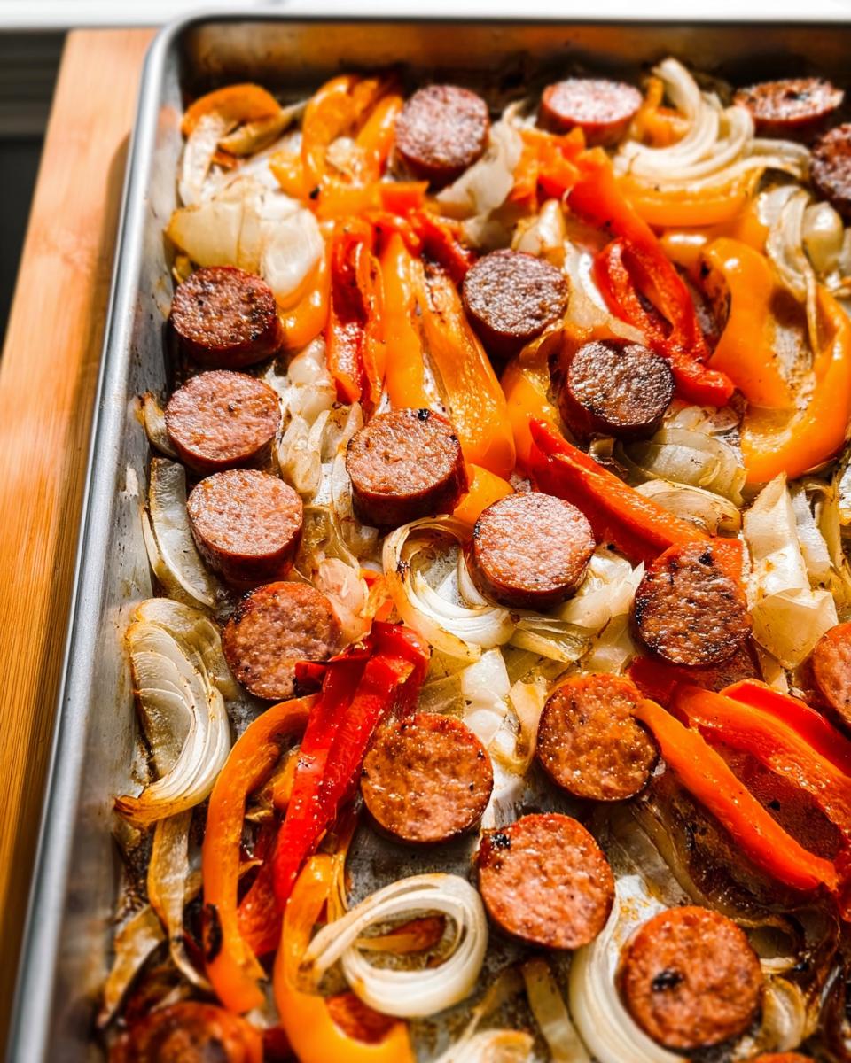 Geröstete Scheiben von Smoked Sausage & Peppers One-Pan mit Zwiebeln und Paprika auf einem Backblech.