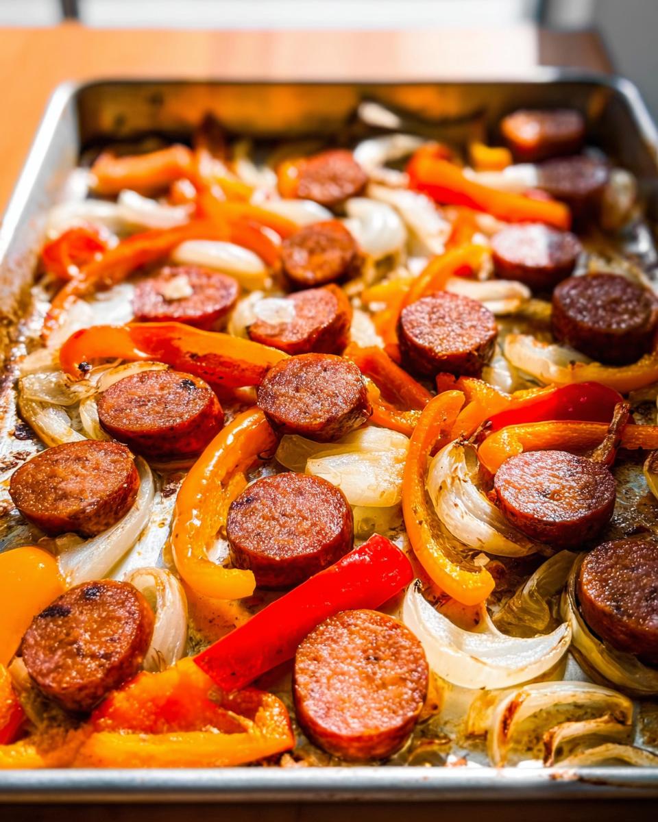 Geröstete Scheiben von geräucherter Wurst mit Zwiebeln und Paprika auf einem Backblech für das Smoked Sausage & Peppers One-Pan.