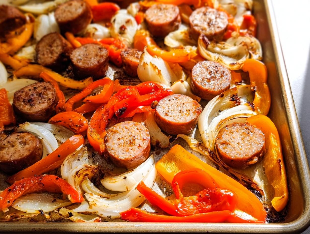 Geröstete Scheiben von Smoked Sausage & Peppers One-Pan mit Zwiebeln und Paprika auf einem Backblech.