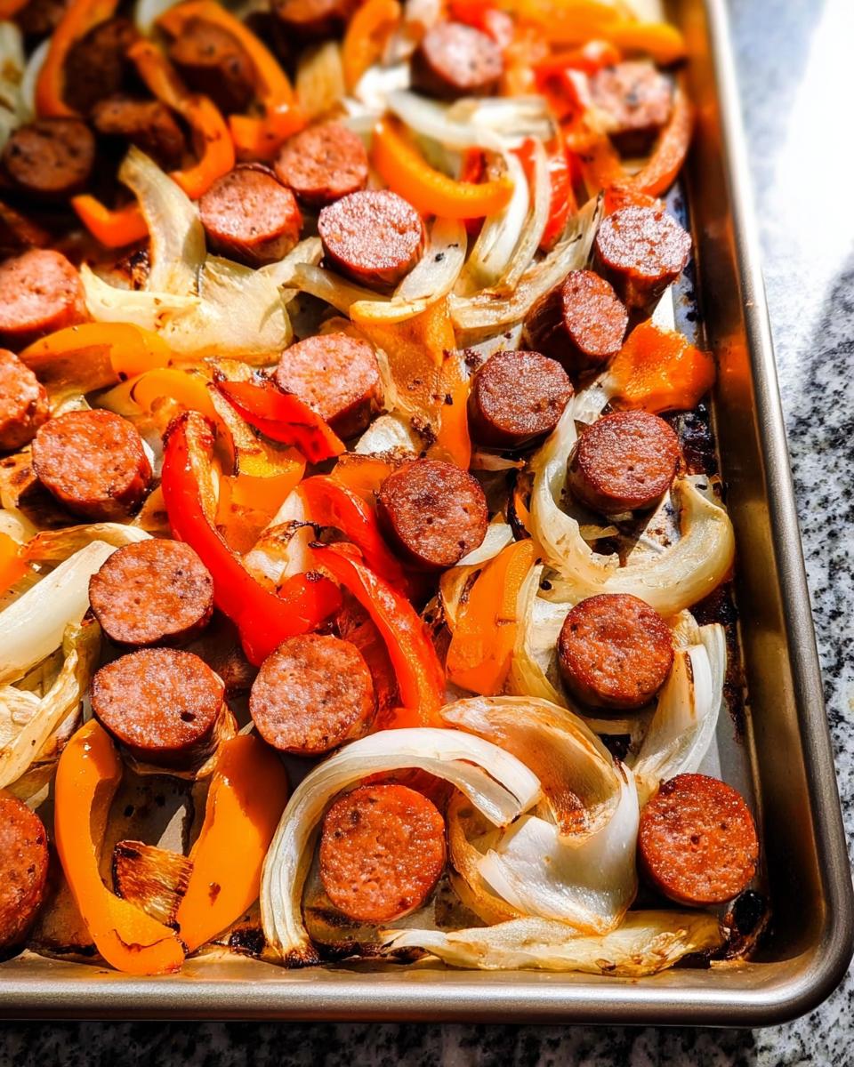 Geröstete Scheiben geräucherter Wurst mit Zwiebeln und Paprika auf einem Backblech für das Smoked Sausage & Peppers One-Pan Gericht.