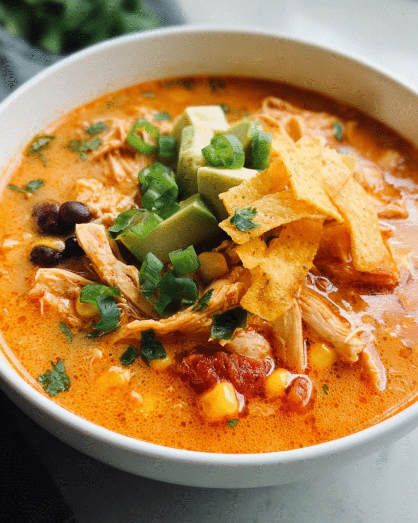 Eine cremige Chicken-Tortilla-Suppe in einer weißen Schüssel, gefüllt mit zartem Hähnchen, schwarzen Bohnen, Mais, Tomaten und belegt mit Avocadowürfeln, Frühlingszwiebeln und knusprigen Tortilla-Streifen.