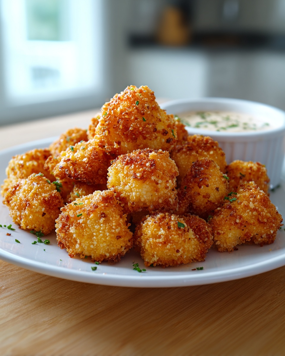 Goldbraun panierte Blumenkohl-Häppchen, knusprig gebacken und auf einem Teller mit cremigem Dip serviert.