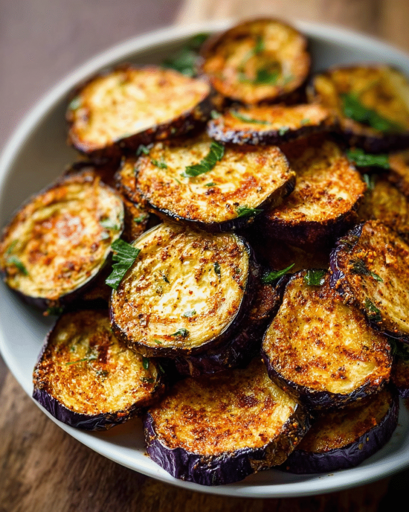 Goldbraune Auberginenscheiben aus dem Airfryer, außen knusprig und innen weich, gewürzt und mit Kräutern garniert.