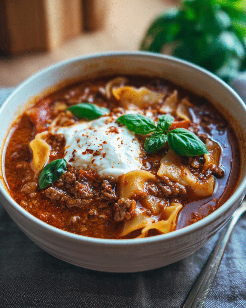Cremige Lasagne-Suppe mit Rinderhack, Lasagneplatten, Tomatensauce, Crème fraîche und frischem Basilikum in einer Schüssel.