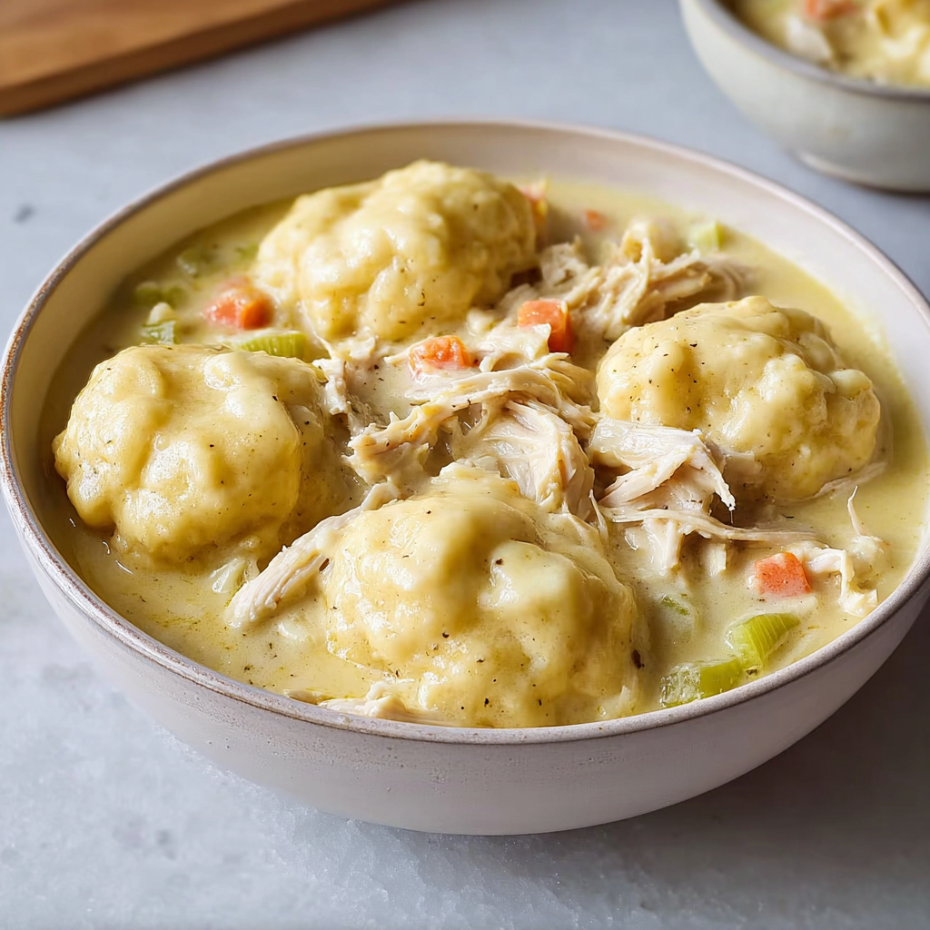 Creamy chicken and dumplings with shredded chicken, fluffy dumplings, and vegetables in a white bowl