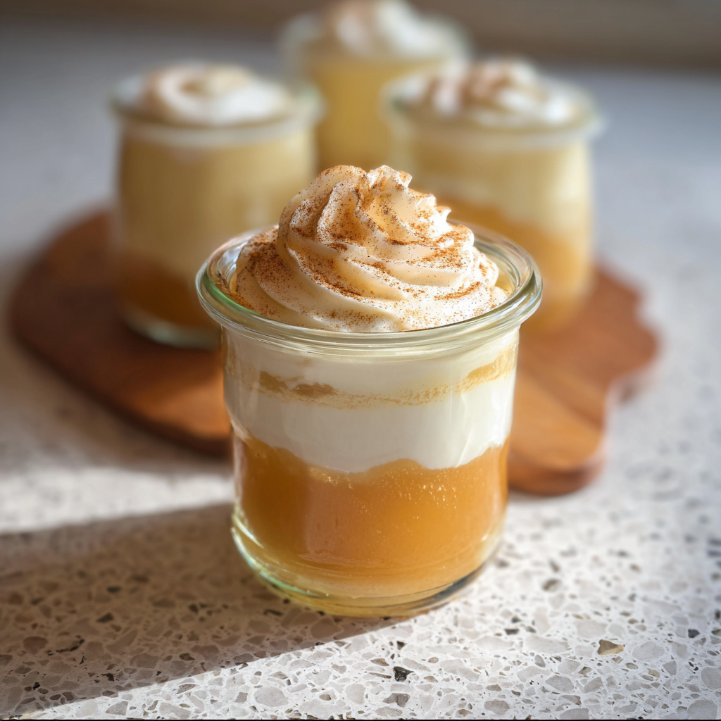 Glasdessert mit geschichteter Zimtcreme und Apfelmus, getoppt mit Sahne und Zimtpulver, im weichen Sonnenlicht fotografiert.