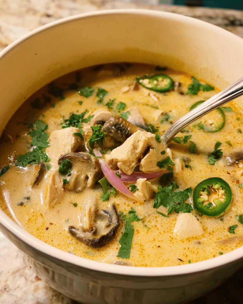 Eine Schüssel Thai-Ginger-Chicken-Soup mit Kokosmilch, gefüllt mit Hähnchenstücken, Champignons, roten Zwiebeln, frischem Koriander und Jalapeño-Scheiben in einer cremigen, goldenen Brühe.