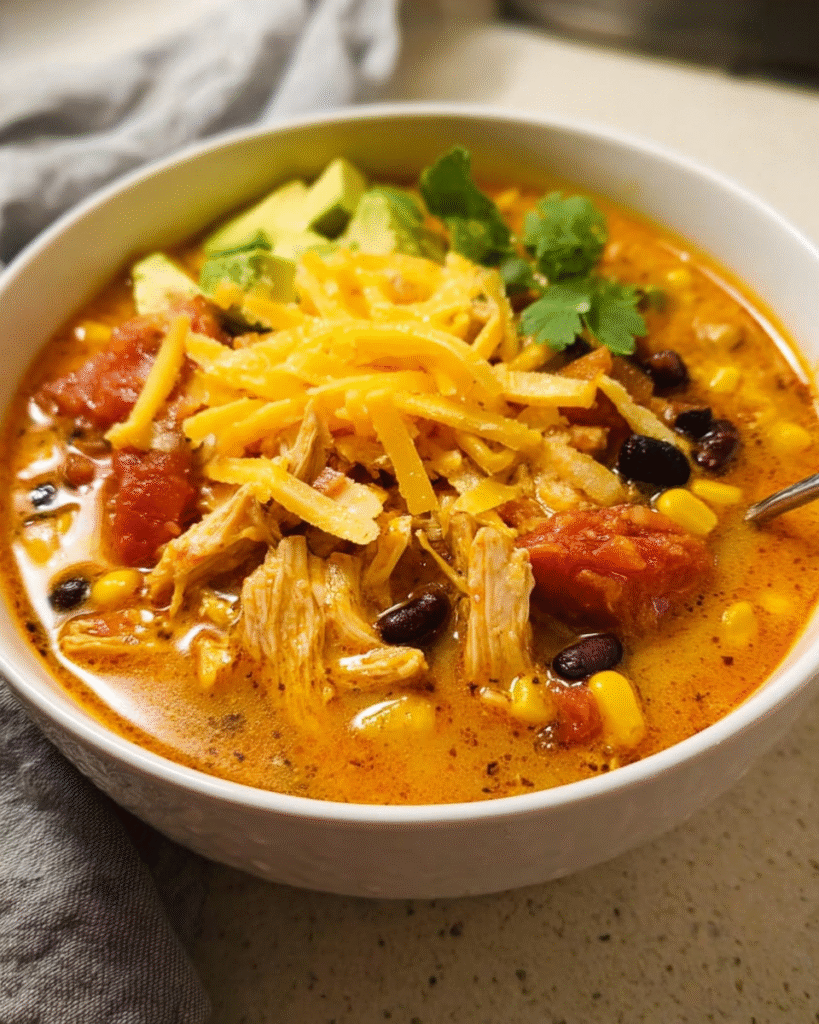 Bowl of creamy chicken tortilla soup with shredded chicken, black beans, corn, melted cheddar cheese, avocado chunks, and fresh cilantro.