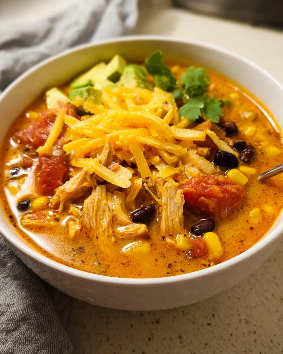 Bowl of creamy chicken tortilla soup with shredded chicken, black beans, corn, melted cheddar cheese, avocado chunks, and fresh cilantro.