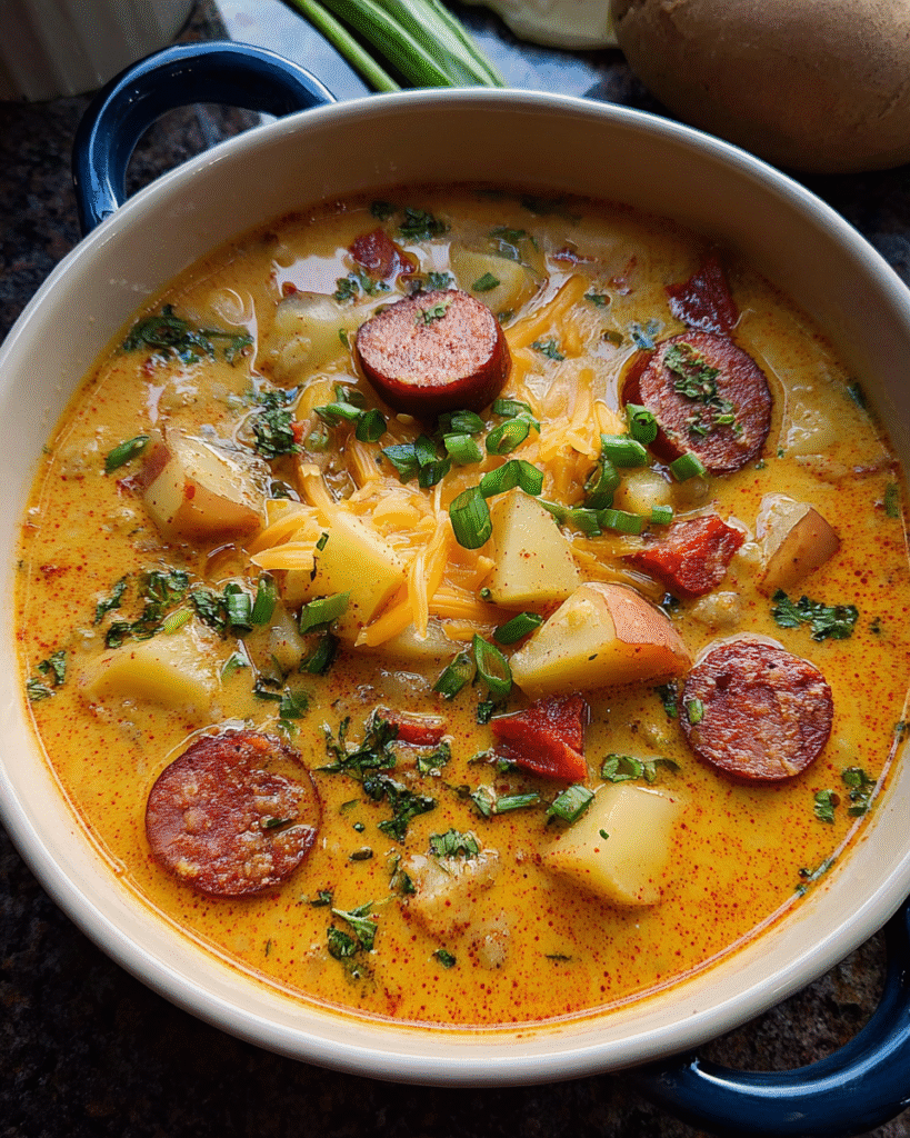 Cremige Kartoffelsuppe mit Rauchwurstscheiben, Kartoffelwürfeln, geschmolzenem Cheddar und Frühlingszwiebeln in einem Topf.