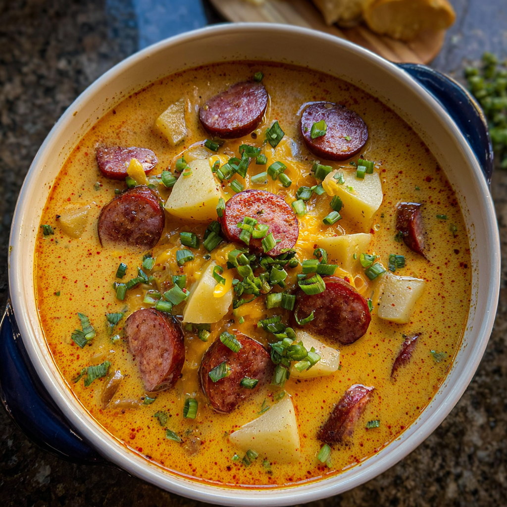 Cremige Cajun Potato Soup mit Rauchwurst, Kartoffelstücken, geschmolzenem Cheddar und Frühlingszwiebeln in einem Topf.