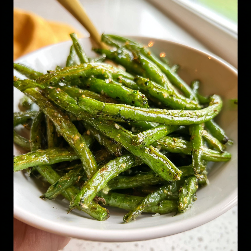 Knusprig geröstete grüne Bohnen mit Knoblauch und Gewürzen, serviert in einer weißen Schale.