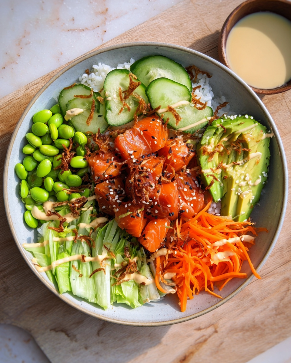 „Eine farbenfrohe Poke Bowl mit gewürfeltem rohen Lachs, Avocado, Edamame, Gurkenscheiben, geraspelten Karotten, Weißkohl und Reis, garniert mit Sesam und knusprigen Zwiebeln. Daneben steht eine kleine Schale cremiges Dressing.“