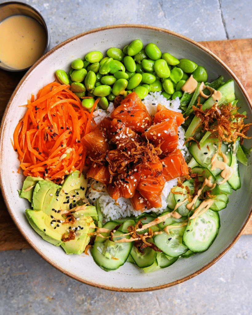 „Eine bunte Poke Bowl mit würfeligem rohem Lachs auf weißem Reis, umgeben von Edamame, geraspelten Karotten, Avocadoscheiben und Gurkenscheiben. Garniert mit Sesam, knusprigen Röstzwiebeln und einer cremigen helfarbigen Sauce. Daneben steht eine kleine Schale Dressing.