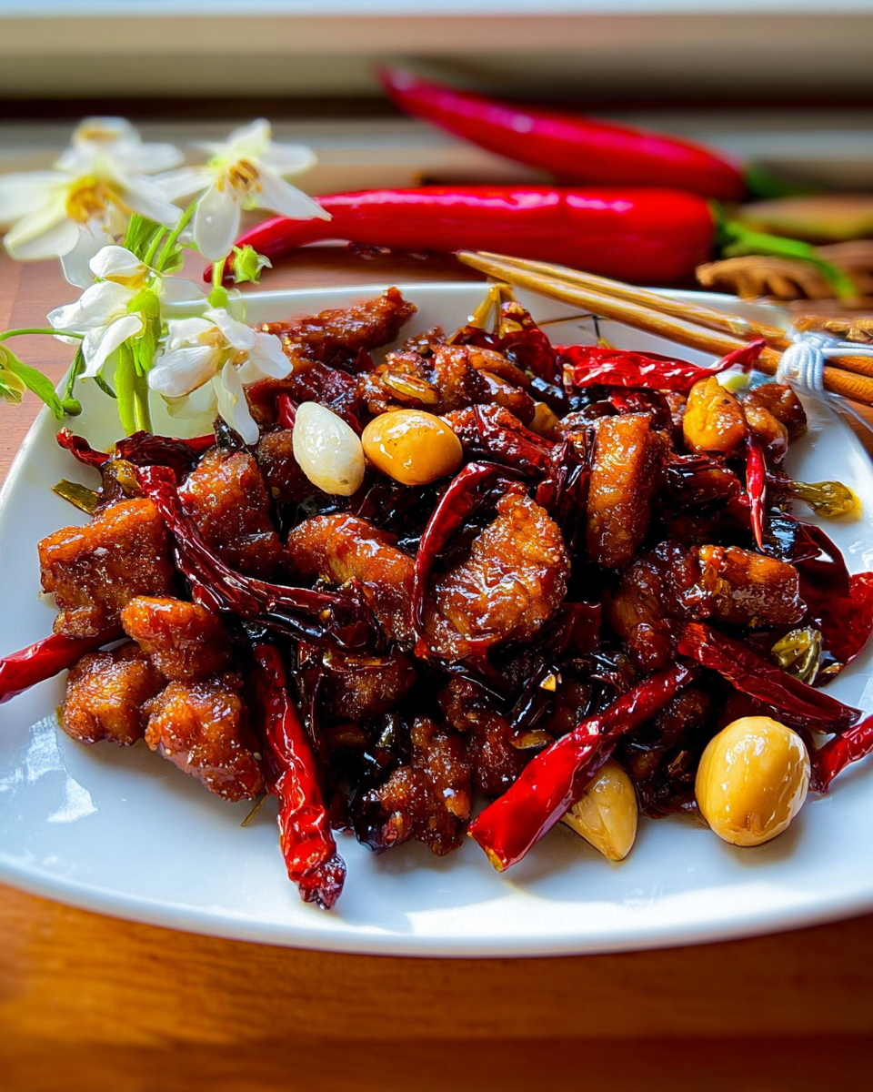 A plate of spicy crispy chicken stir-fry with whole dried red chilies, garlic cloves and glossy caramelized sauce, garnished with white edible flowers and served with chopsticks.
