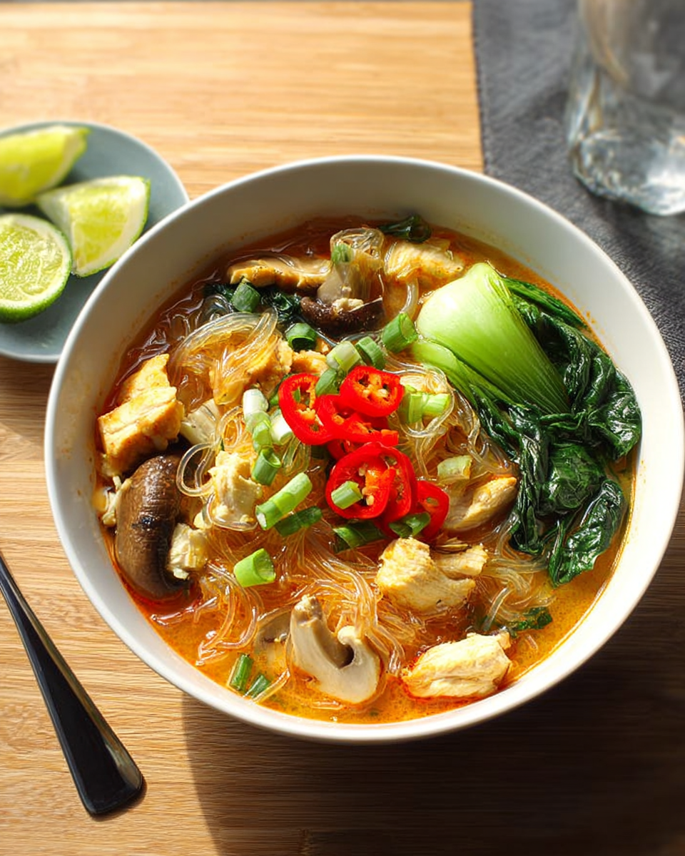 Thailändische Kokos-Limetten-Suppe mit Reisnudeln, Hähnchen, Champignons, Pak Choi, Frühlingszwiebeln und frischen Chilischeiben in einer Schüssel.