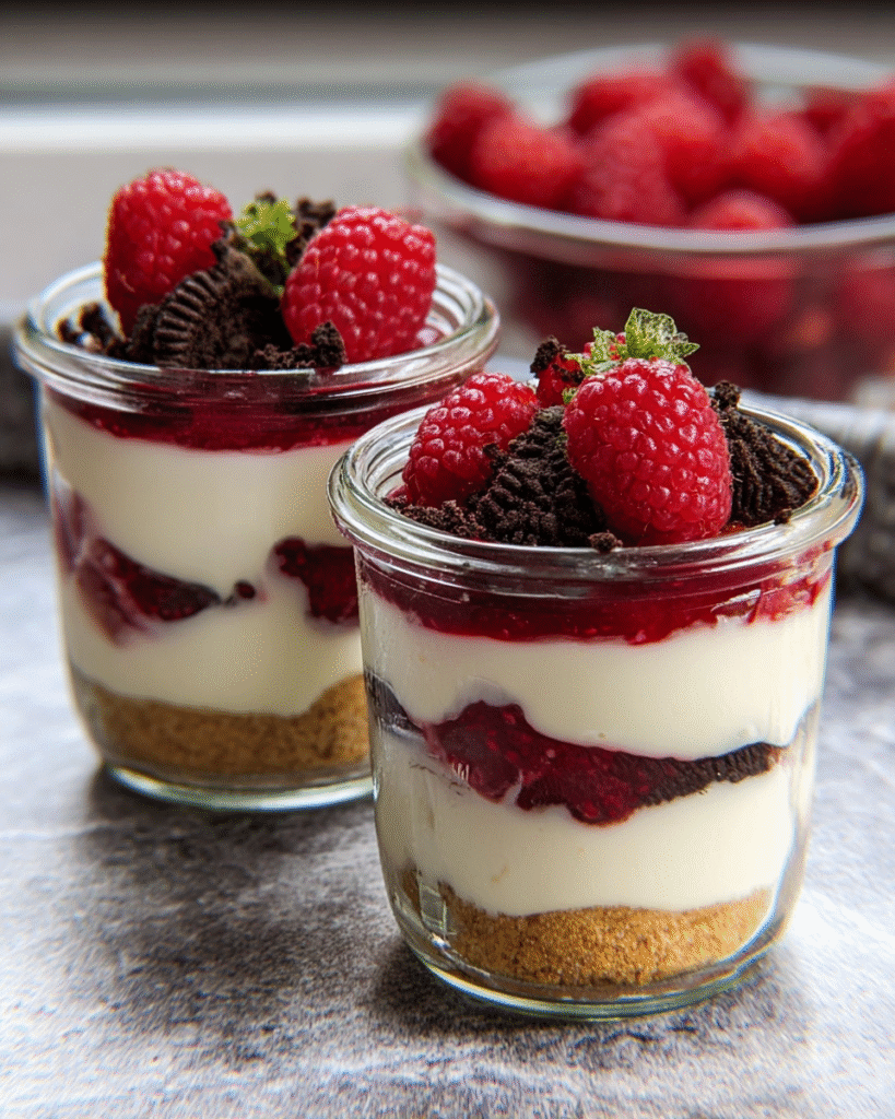 Himbeer-Oreo-Trifle in Mini-Gläsern mit cremiger Mascarpone-Sahne, fruchtiger Himbeerschicht, knusprigen Oreo-Krümeln und frischen Himbeeren als Topping.