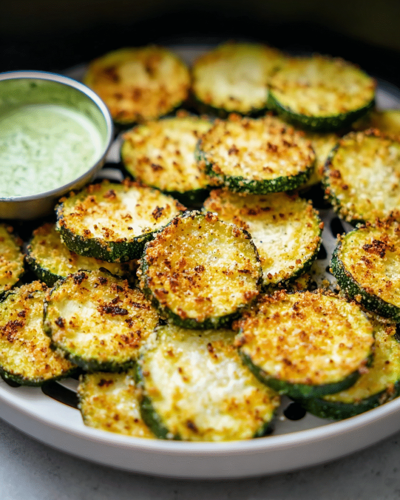 Knusprige Zucchini-Scheiben mit goldbrauner Panade aus der Heißluftfritteuse.
Zucchini-Chips aus dem Airfryer mit Dip.