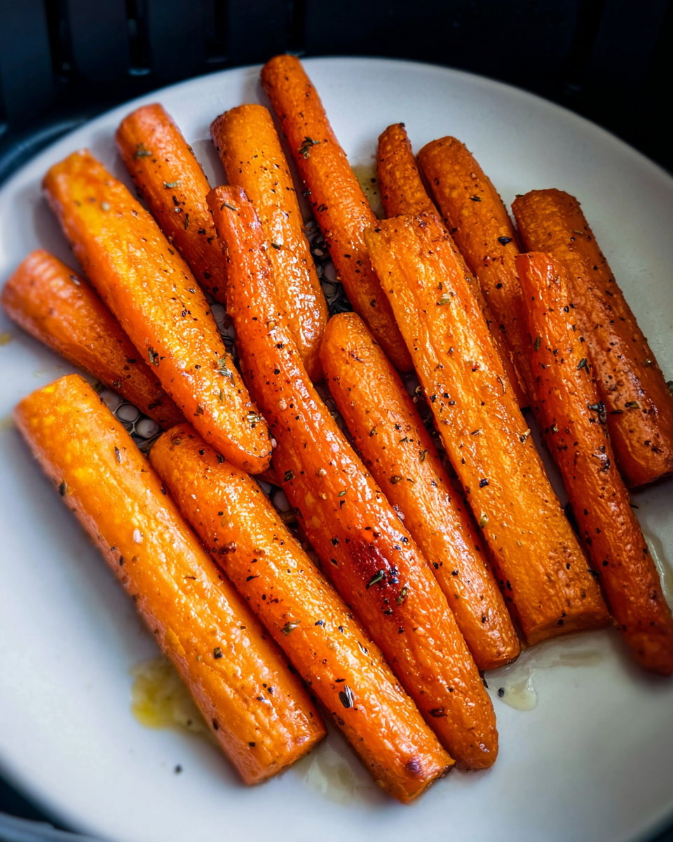 Geröstete Karotten mit Kräutern, goldbraun gegart und leicht karamellisiert, serviert auf einem weißen Teller.
