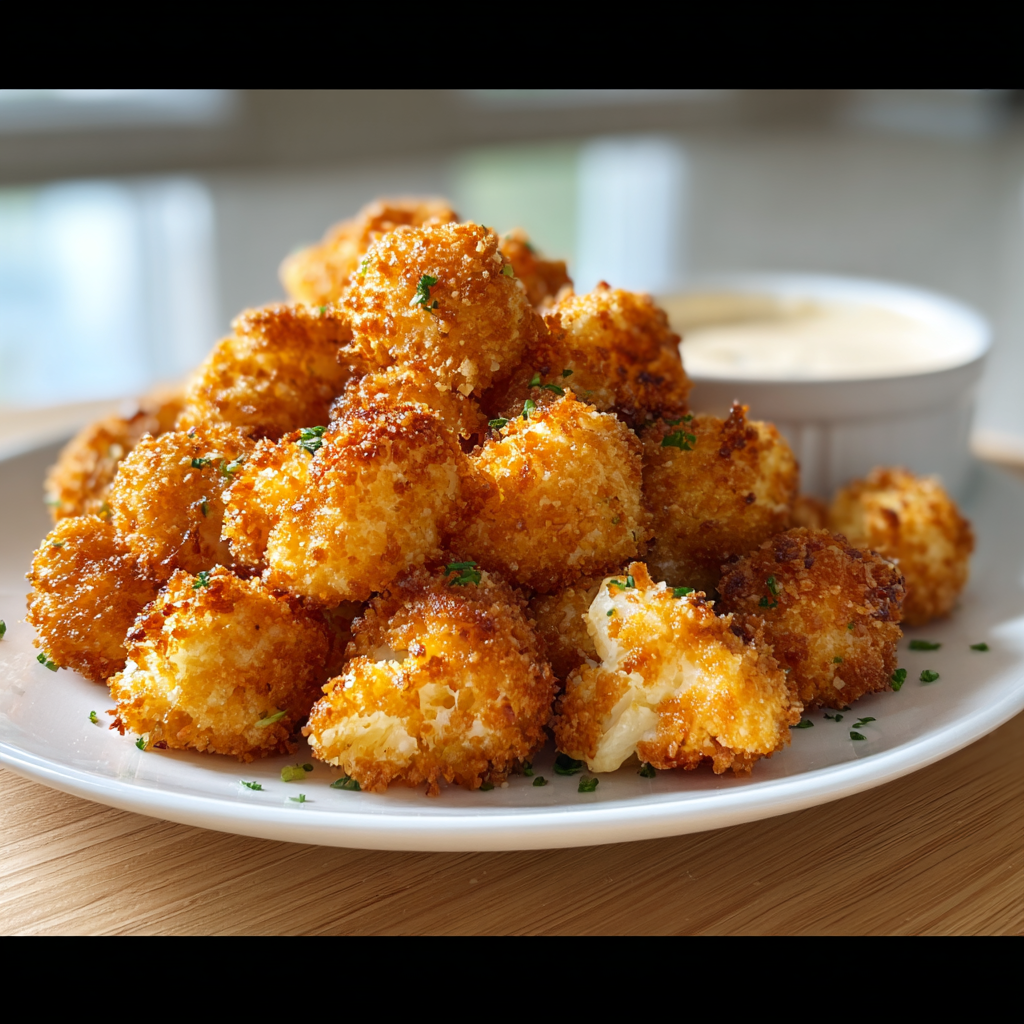 Knusprige Blumenkohl-Häppchen mit goldbrauner Panade, angerichtet auf einem Teller mit cremigem Dip im Hintergrund.