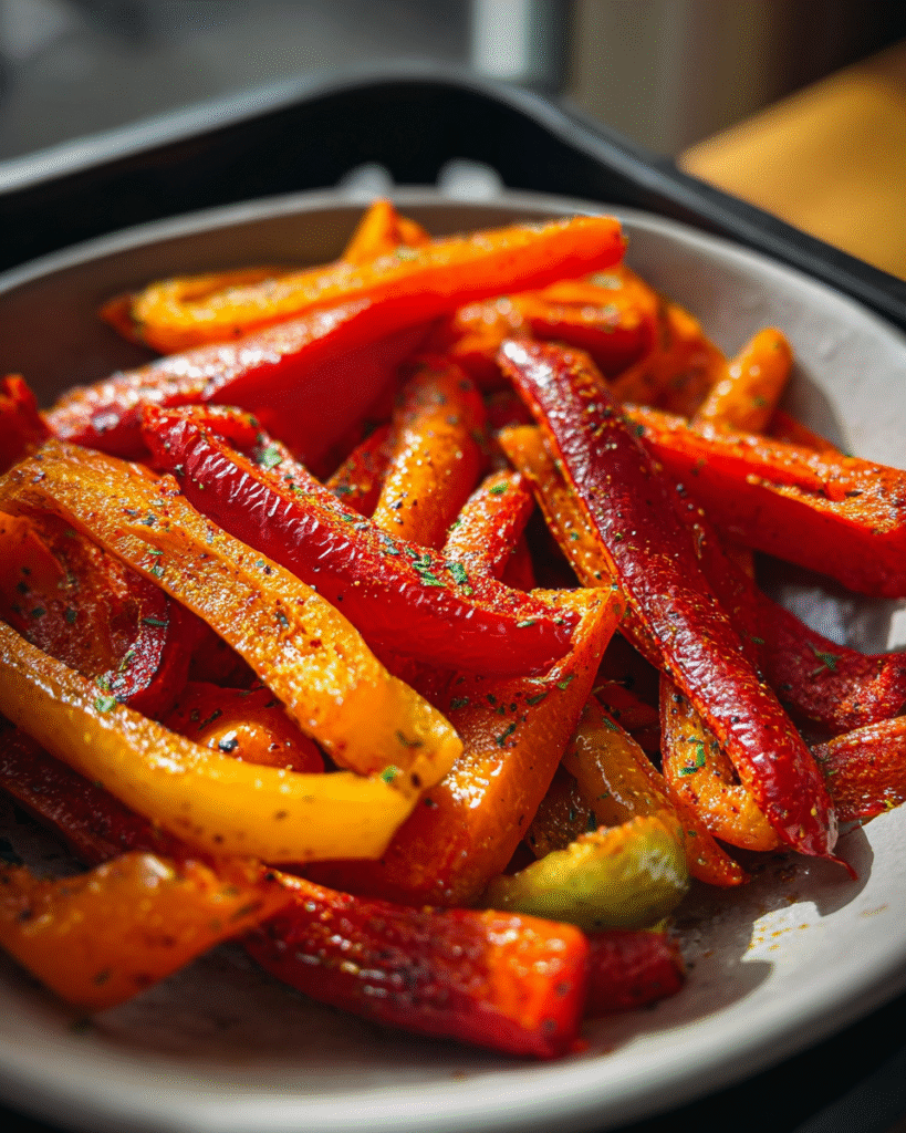 Geröstete Paprikastreifen aus der Heißluftfritteuse.

Bunte Paprika mit Röstaromen.
