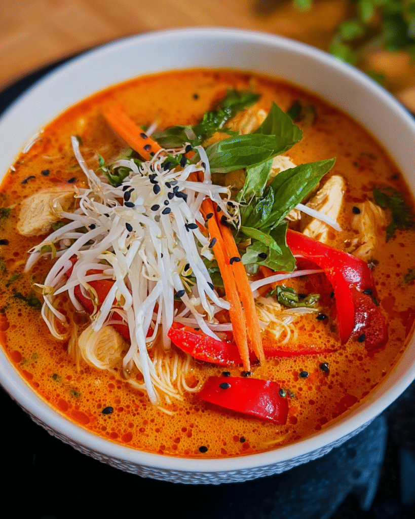 Eine Schüssel Rote Thai-Currysuppe mit Hähnchen, roten Paprikastreifen, Reisnudeln, Karottenstiften, frischen Mungobohnensprossen, Basilikumblättern und schwarzem Sesam in einer cremig-orangenen Kokos-Curry-Brühe.