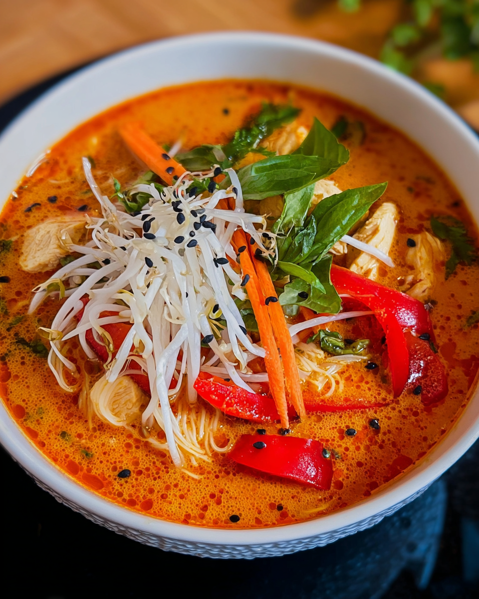 Eine Schüssel Rote Thai-Currysuppe mit Hähnchen, roten Paprikastreifen, Reisnudeln, Karottenstiften, frischen Mungobohnensprossen, Basilikumblättern und schwarzem Sesam in einer cremig-orangenen Kokos-Curry-Brühe.