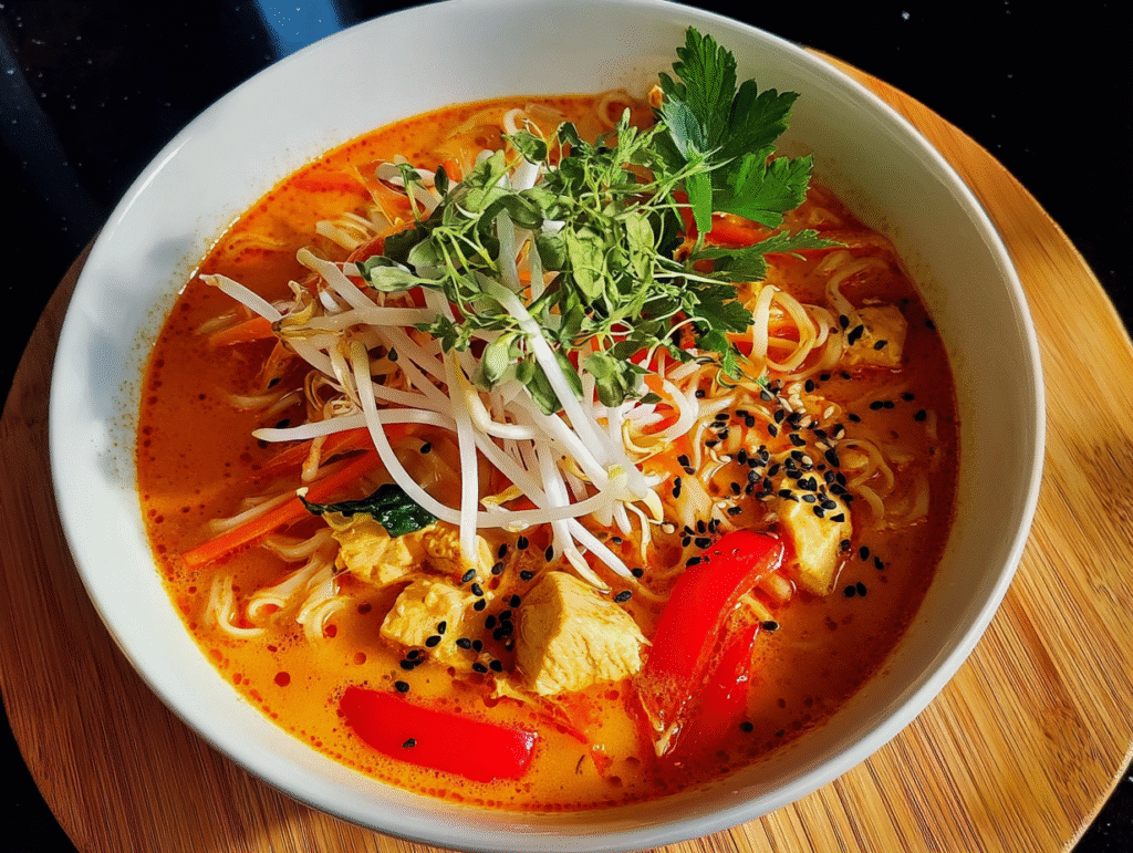 Eine Schüssel rote Thai-Currysuppe mit Hähnchenstücken, roten Paprikastreifen, Reisnudeln, Mungobohnensprossen, Karottenstiften und frischen Kräutern, garniert mit schwarzem Sesam in einer cremigen Kokos-Curry-Brühe.