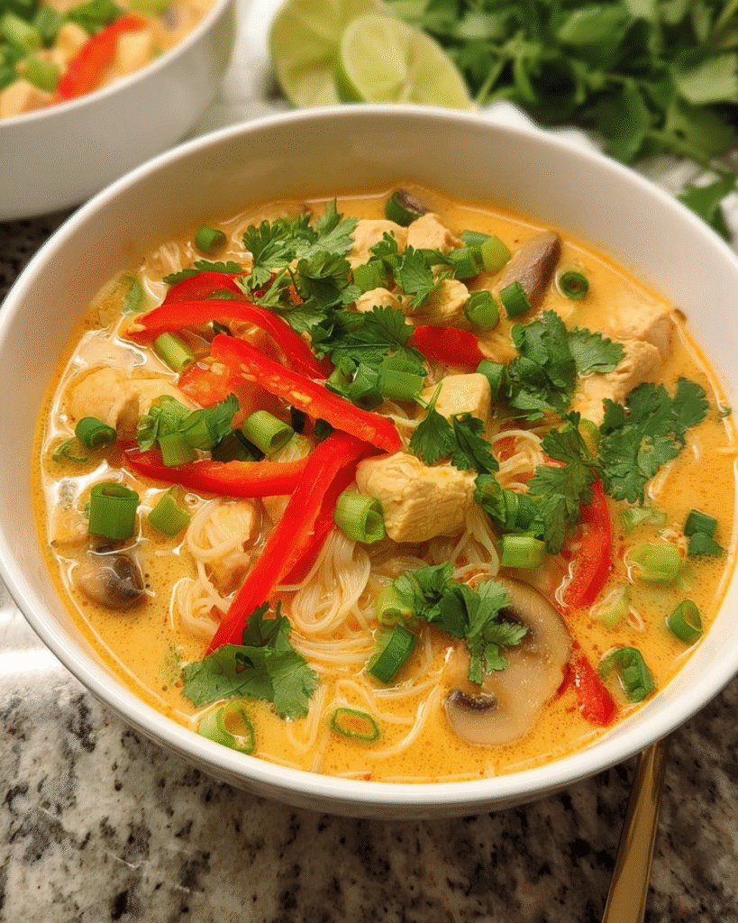 Thailändische Kokos-Limetten-Suppe mit Hähnchen, Reisnudeln, Paprika, Champignons, Frühlingszwiebeln und frischem Koriander in einer weißen Schüssel.