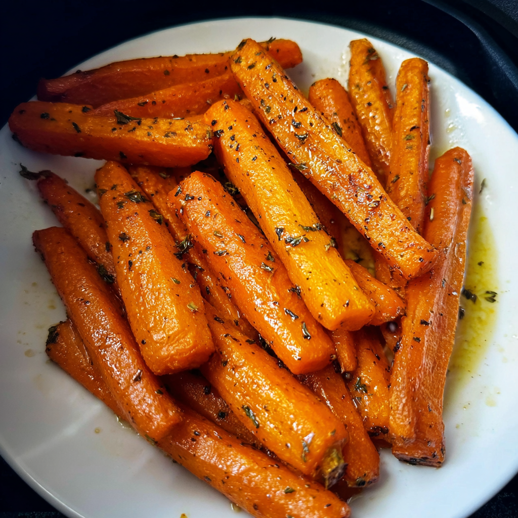 Geröstete Karotten mit Kräutern.
Karotten aus der Heißluftfritteuse.