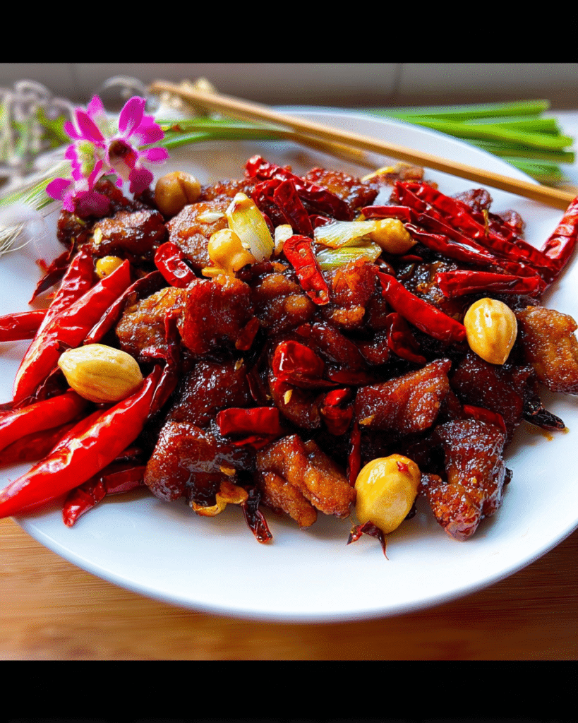 A plate of spicy Chinese-style crispy chicken stir-fry coated in a glossy dark sauce, mixed with whole dried red chilies, roasted garlic and nuts, garnished with a purple orchid flower and served with chopsticks.