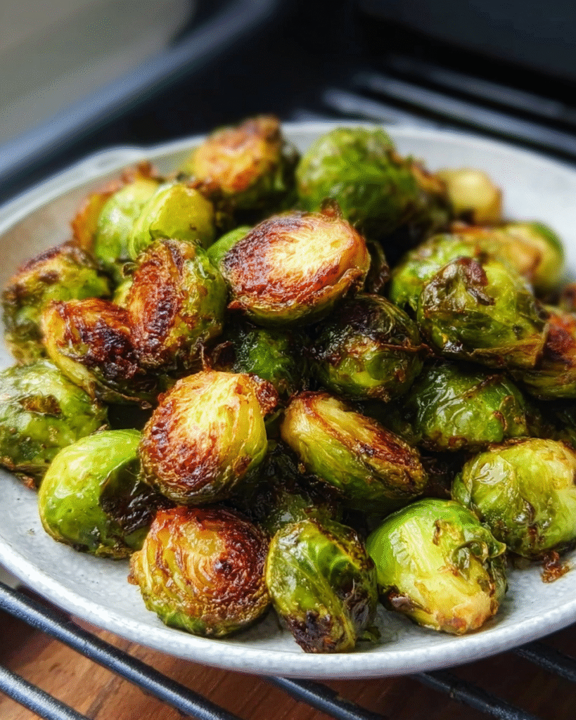 Golden-brown, crispy Brussels sprouts with caramelized edges piled on a metal plate, freshly roasted and glistening with oil.