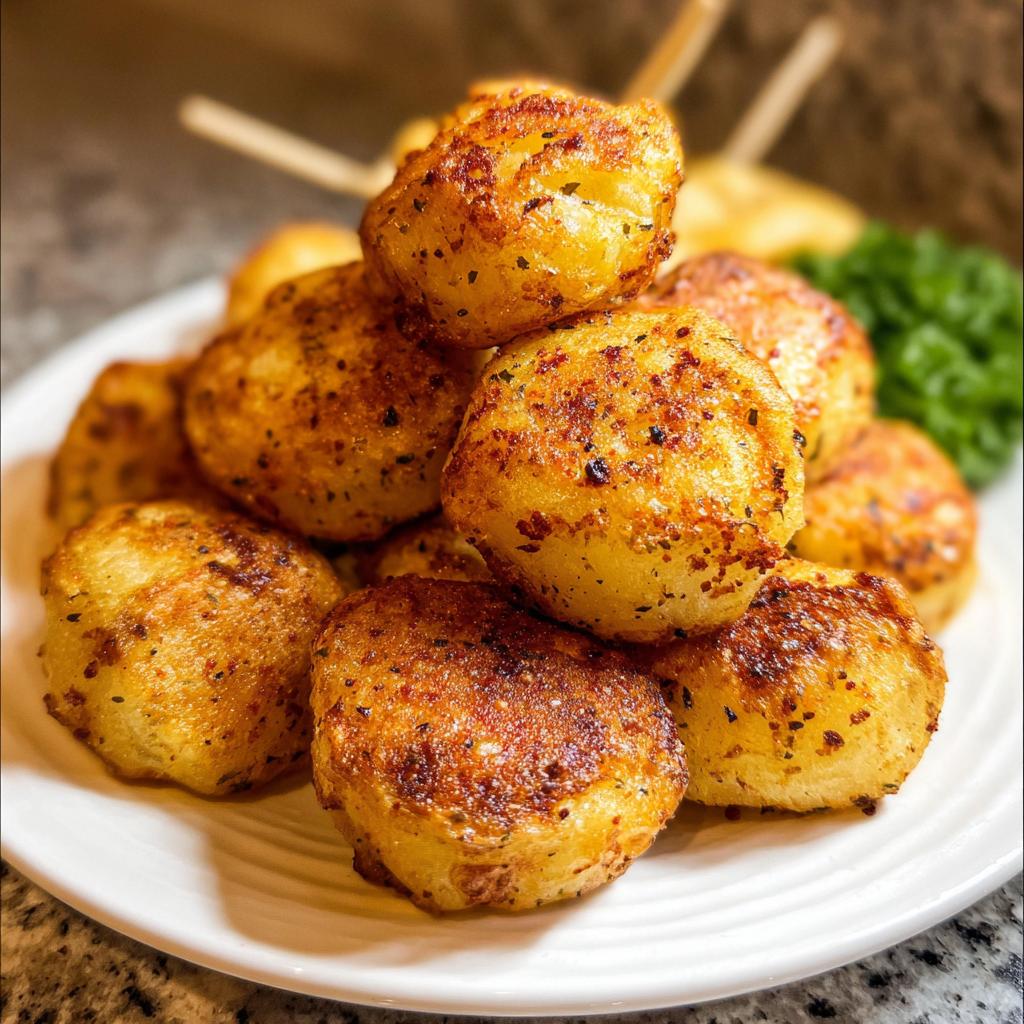 Stapel von goldbraun gebratenen Air Fryer Potato Pops, gewürzt und auf einem weißen Teller angerichtet.