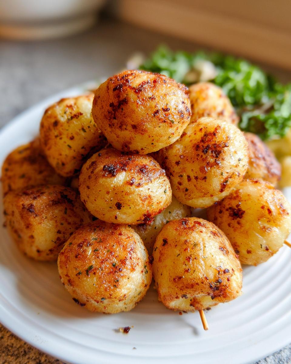 Stapel von goldbraunen, knusprigen Air Fryer Potato Pops, gewürzt und auf einem weißen Teller serviert.