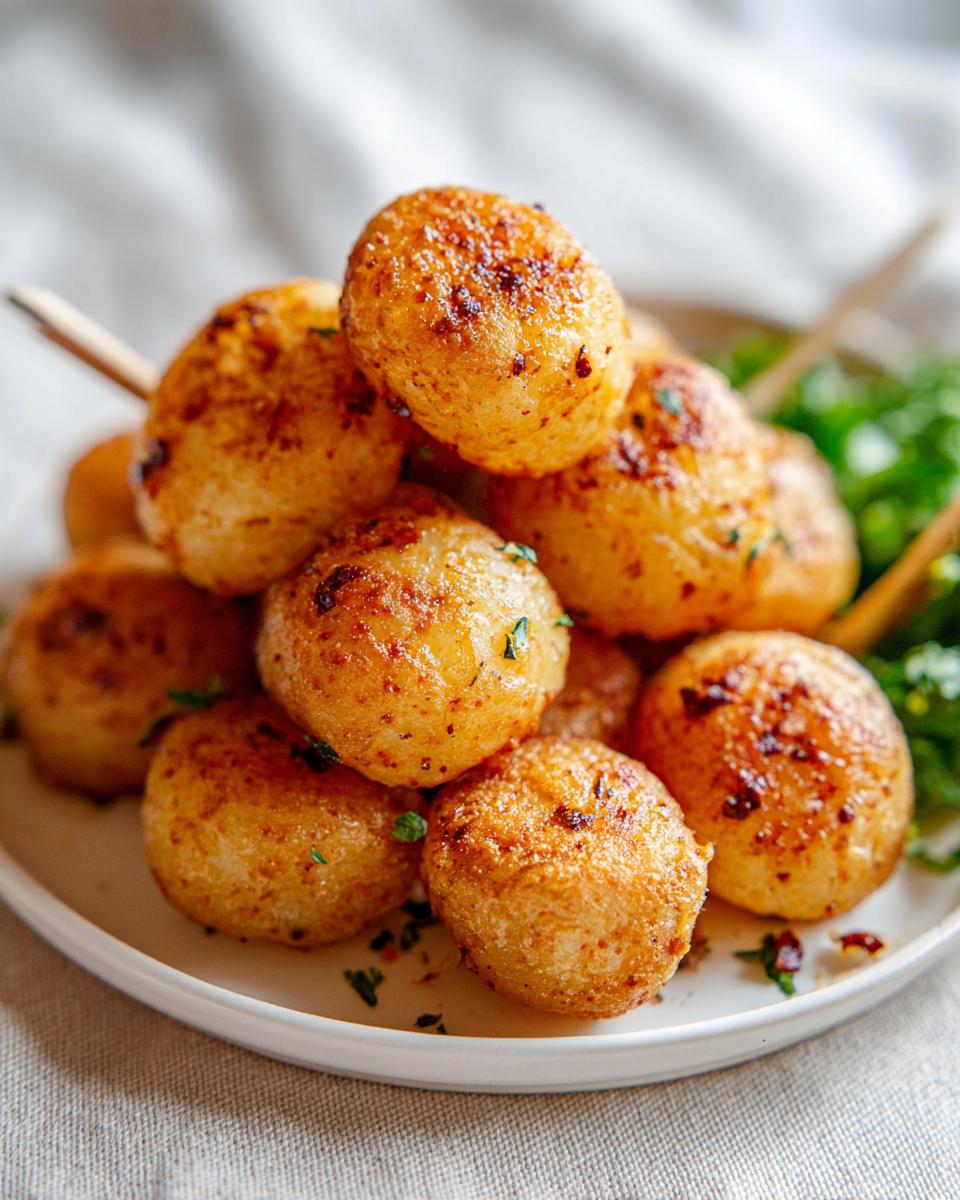 Stapel von goldbraunen, knusprigen Air Fryer Potato Pops, garniert mit Petersilie auf einem weißen Teller.